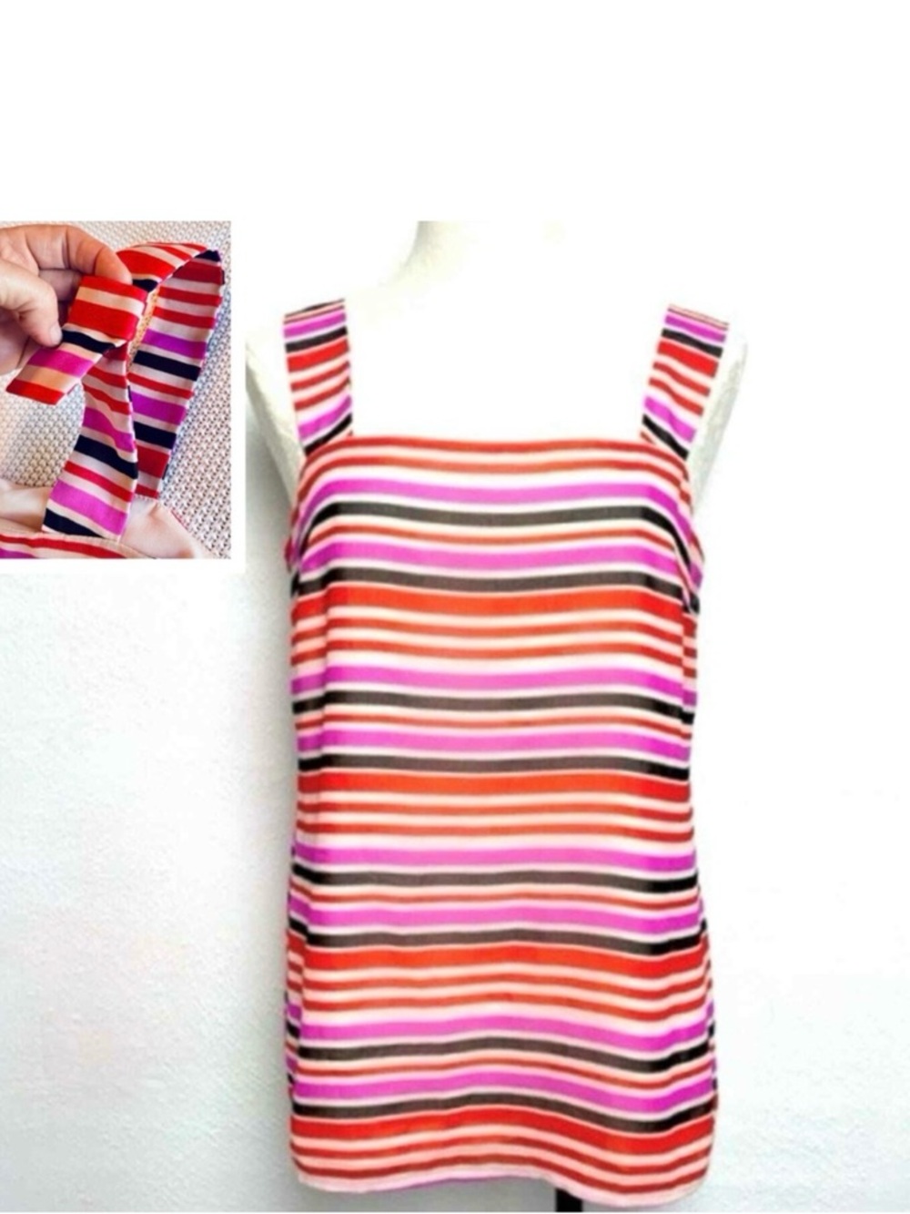 CAbi Lined Multicolor Striped Tank Top w Accents on Back Straps